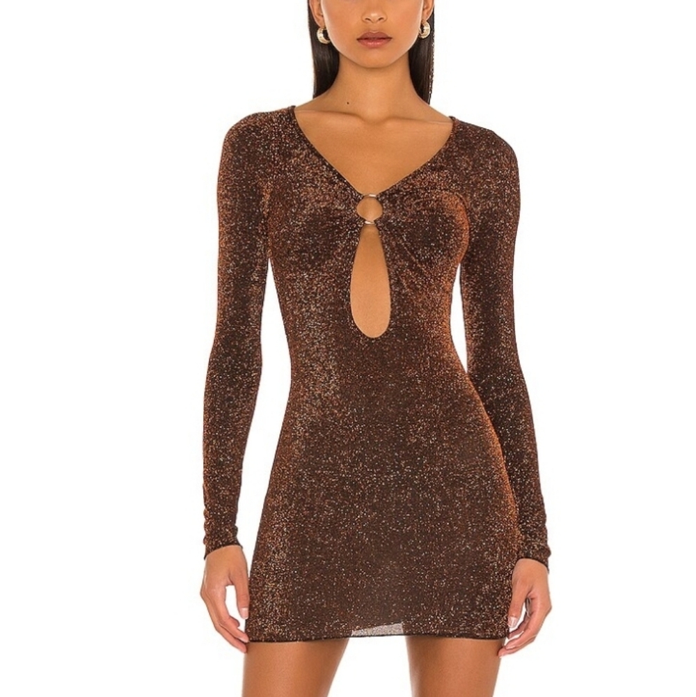superdown Orange Brown Glitter Long-Sleeve Keyhole Mini Dress
